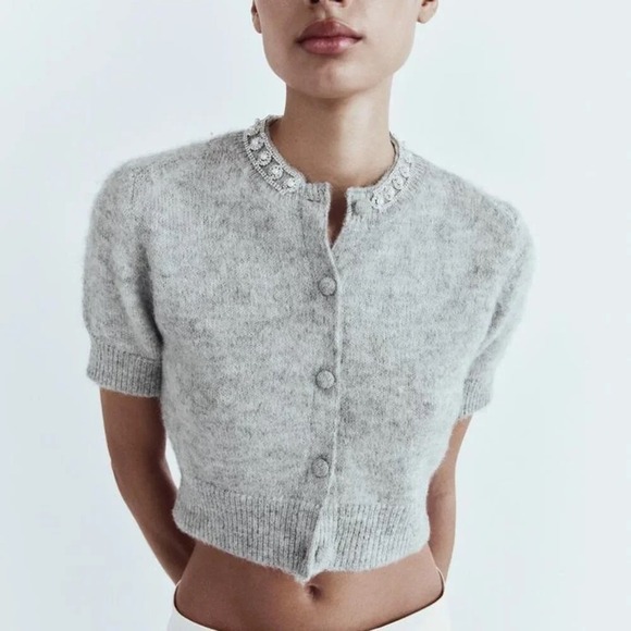 Zara Sweaters - ZARA Jewel Embellished Gray Cropped Cardigan Sweater Knitwear Jewelled Large
